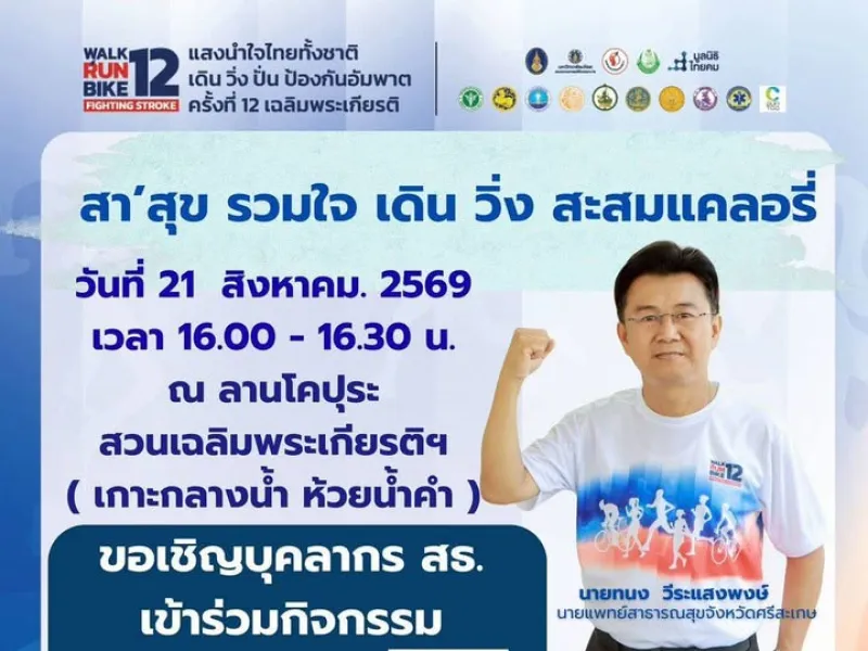 สา'สุข รวมใจ เดิน วิ่ง สะสมแคลอรี่ วันที่ 21 สิงหาคม. 2569 เวลา 16.00 - 16.30 น. ณ ลานโคปุระ สวนเฉลิมพระเกี่ยรติฯ ( เกา…