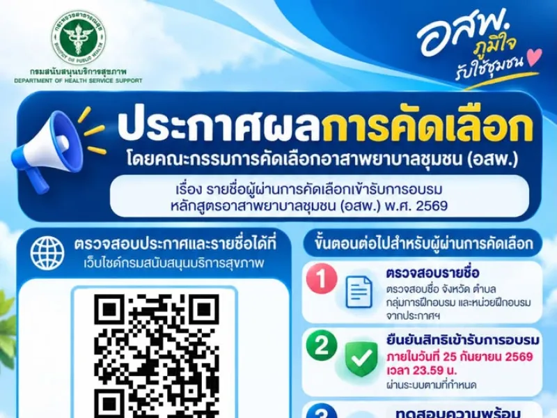 📢 ประกาศรายชื่อผู้ผ่านการคัดเลือก เข้ารับการอบรมหลักสูตรอาสาพยาบาลชุมชน (อสพ.) รอบที่ 1 พ.ศ.2569 . ตรวจสอบรายชื่อและราย…